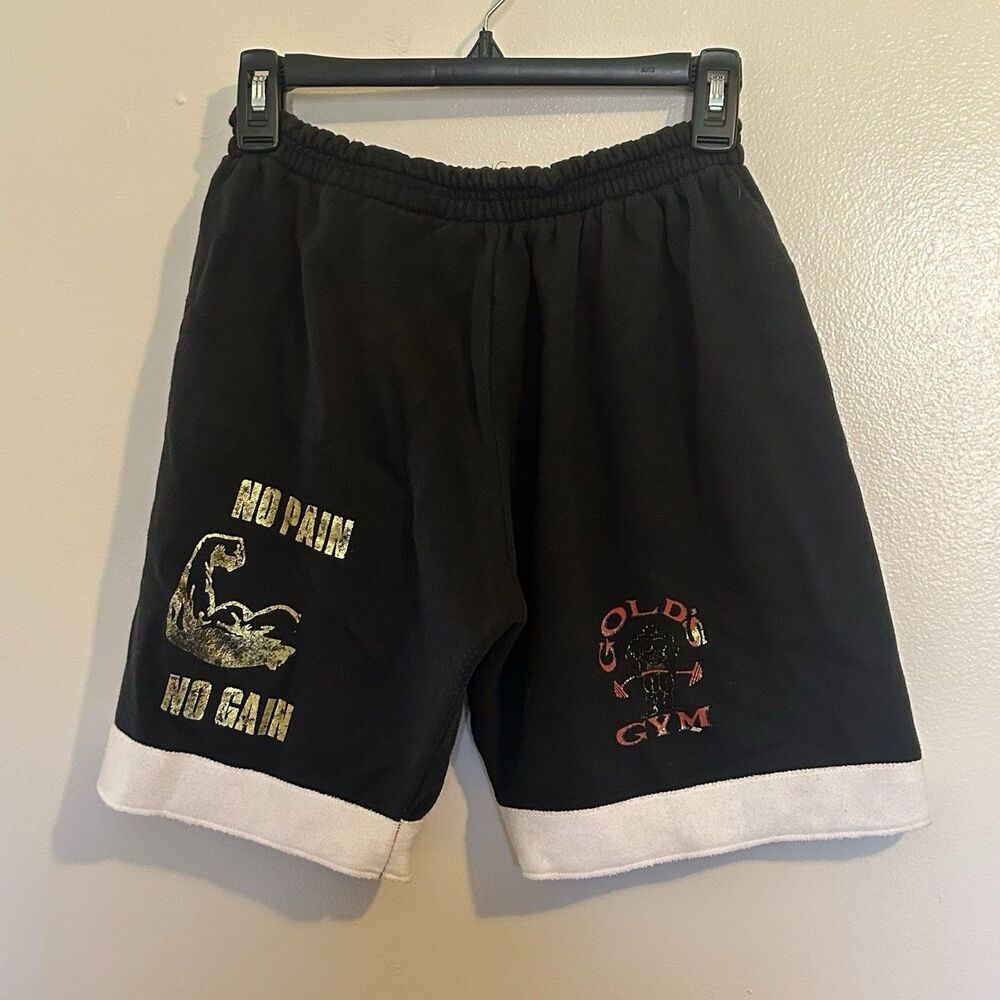 Vintage Men’s Gold’s Gym Shorts Black  White No Pain No Gain Elastic Waist Large